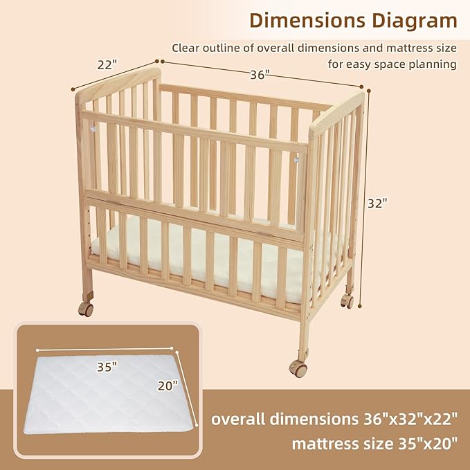 Flwrgirl Convertible Mini Baby Crib - Portable Bedside Bassinet with Mattress Included,3 Heights Baby Crib with Wheels for Small Room and Newborns 0-12 Months,Unpainted