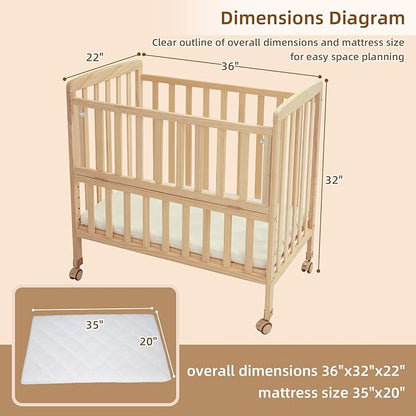 Flwrgirl Convertible Mini Baby Crib - Portable Bedside Bassinet with Mattress Included,3 Heights Baby Crib with Wheels for Small Room and Newborns 0-12 Months,Unpainted