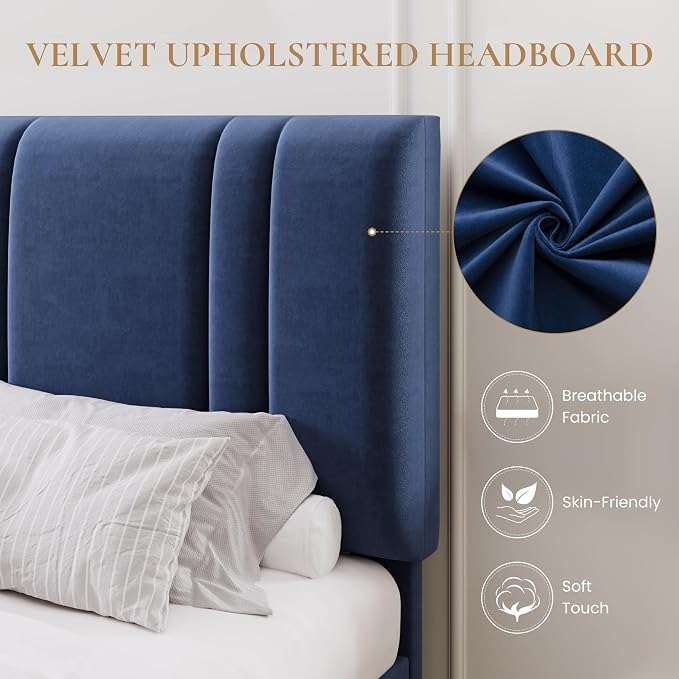 SHA CERLIN King Size Platform Bed Frame, Velvet Upholstered Bed with Adjustable Headboard, Vertical Channel Tufted Design, Sturdy Wood Slat Support, No Box Spring Needed, Easy Assembly, Dark Blue