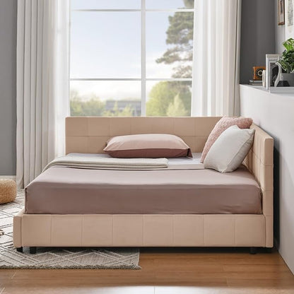 KEIKI Full Size L Shape Corner Bed Frames with Backrest and Armrests, Velvet Upholstered Sofa Daybed for Small Room, Living Room, Bedroom, Guest Room, Kids' Room