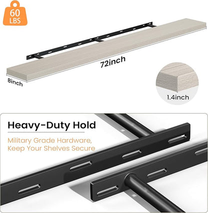 Fun Memories 72 Inch Floating Shelves - Fireplace Mantel Shelf - Deep Wall Mounted Wood Storage Shelf for Bedroom, Kitchen, Farmhouse - 1 Pack, Grey
