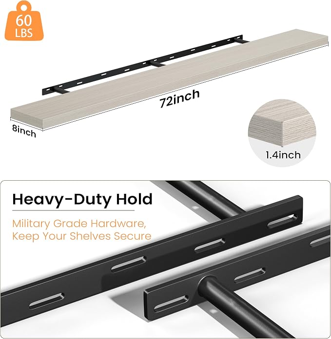 Fun Memories 72 Inch Floating Shelves - Fireplace Mantel Shelf - Deep Wall Mounted Wood Storage Shelf for Bedroom, Kitchen, Farmhouse - 2 Pack, Grey