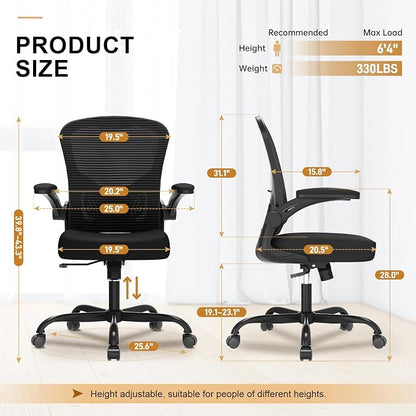 Office Chair, Ergonomic Desk Chairs 330LBS Capacity High Back Mesh Computer Chair with Flip-up Armrests, Comfy Work Chair with Adjustable Lumbar Support (Pack of 2)