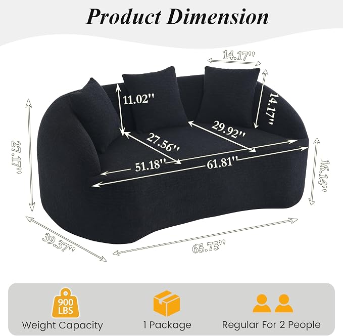 66" Curved Loveseat Sofa for Small Space, Boneless Chenille Boucle Cloud Couch, Luxury Extra High Back & Deep Seat, Oversized Comfort with No Assembly Required for Office, Dorm (Black)