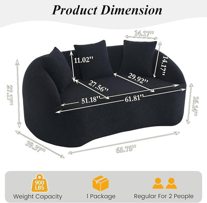 66" Curved Loveseat Sofa for Small Space, Boneless Chenille Boucle Cloud Couch, Luxury Extra High Back & Deep Seat, Oversized Comfort with No Assembly Required for Office, Dorm (Black)