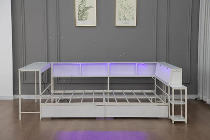 Bellemave Full Size Corner Bed Frame with Storage Drawers, Bookcase and Side Desk, Full Corner Bed with Light and Charging Station, Daybed for Bedroom, Living Room, Guest Room White