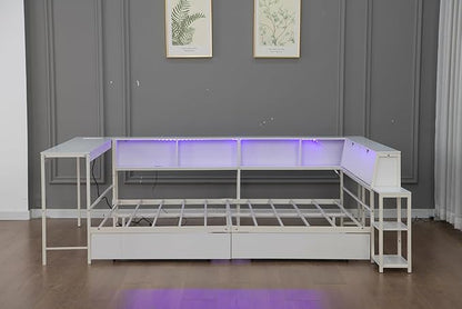 Bellemave Full Size Corner Bed Frame with Desk and Storage, Full Size Captains Bed with Charging Station and LED Light, Wood Daybeds with L-Shaped Bookcase and 2 Drawers, White