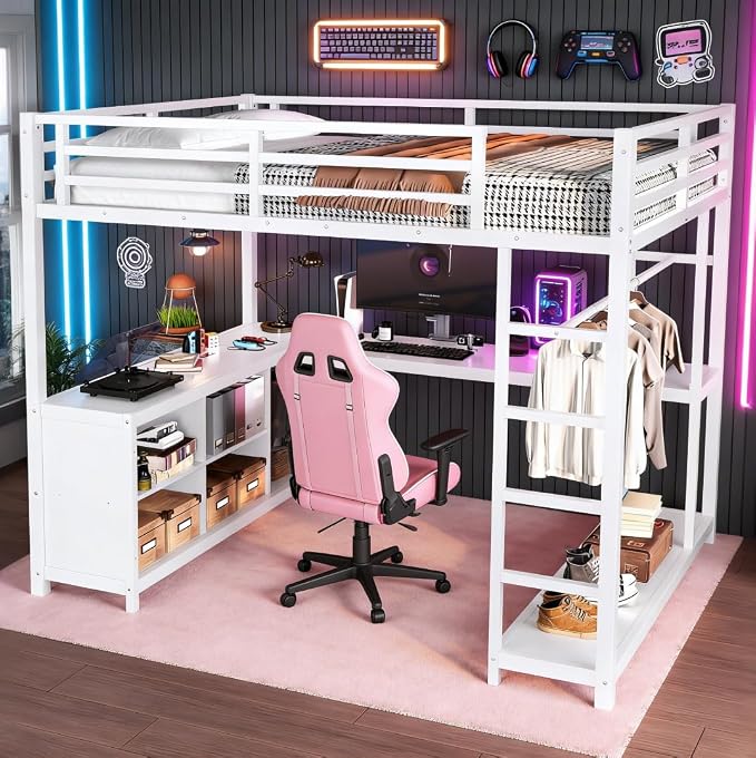 Bellemave Queen loft Bed with L Desk, Wardrobe, Metal Queen Size Loft Bed Frame for Adults, Kids, Teens, White
