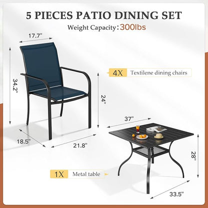 SUNCROWN 5 - Piece Furniture Set, Outdoor Dining Set with 4 x Textilene Dinning Chairs and 1 Steel Slat Metal Bistro Table for Lawn Garden Backyard Deck, Dark Blue
