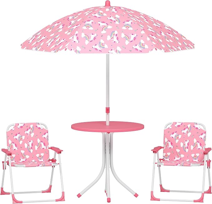Qaba Kids Picnic Table and Chair Set, Outdoor Activity Table with Foldable Chairs, Removable Umbrella, Unicorn and Rainbow Pattern Toddler Patio Furniture for Backyard, Garden, Pink
