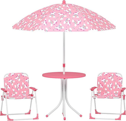 Qaba Kids Picnic Table and Chair Set, Outdoor Activity Table with Foldable Chairs, Removable Umbrella, Unicorn and Rainbow Pattern Toddler Patio Furniture for Backyard, Garden, Pink