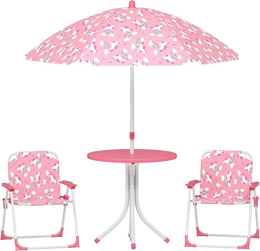 Qaba Kids Picnic Table and Chair Set, Outdoor Activity Table with Foldable Chairs, Removable Umbrella, Unicorn and Rainbow Pattern Toddler Patio Furniture for Backyard, Garden, Pink