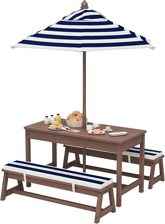 Qaba Kids Picnic Table, Outdoor Wooden Table & Bench Set with Cushions and Umbrella, Children Backyard Furniture for Patio, Garden, Navy Blue