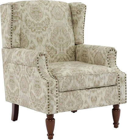 High Back Accent Chairs Set of 2, Fabric Wingback Chair Floral Upholstered Armchair for Living Room - White