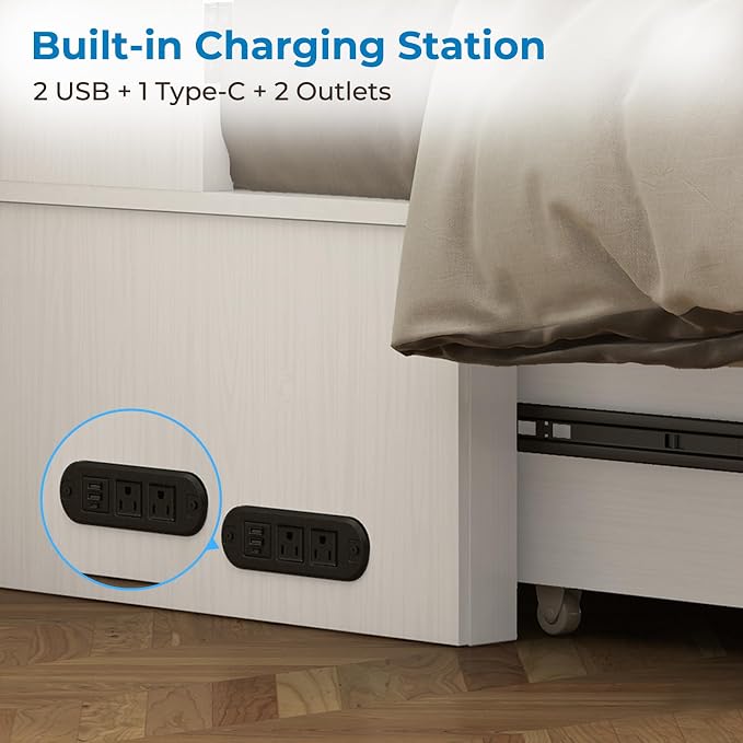 Mjkone 63" W Queen Size Murphy Bed Cabinet with Mattress & USB Charging Station, Modern Guest Beds Chest Cabinet Bed with Storage Drawer for Bedroom Home Apartment, White