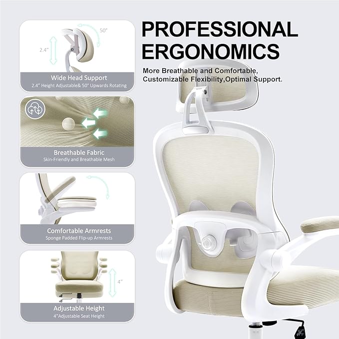 Ergonomic Office Chair,Ultra Thick Spring Cushion Desk Chair,Khaki | Adjustable Lumbar Support and Headrest,Flip-up Arms,Rocking Function,Mesh Home Office Computer Chair