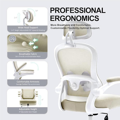 Ergonomic Office Chair,Ultra Thick Spring Cushion Desk Chair,Khaki | Adjustable Lumbar Support and Headrest,Flip-up Arms,Rocking Function,Mesh Home Office Computer Chair