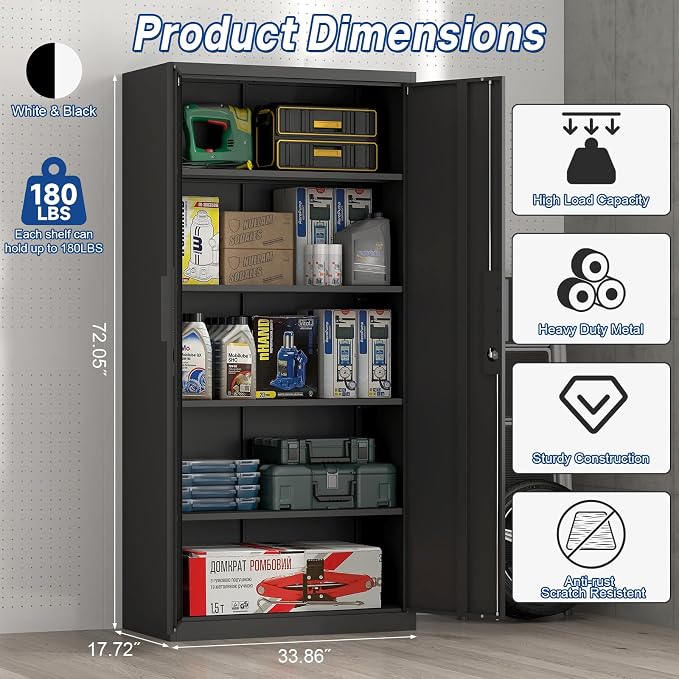72''H Garage Storage Cabinet with Lock, 18'' Deep Metal Storage Cabinets with Doors and 4 Adjustable Shelves, Steel Locking Cabinet, Tool Cabinet for Laundry Room, Garage, Home Office, Black