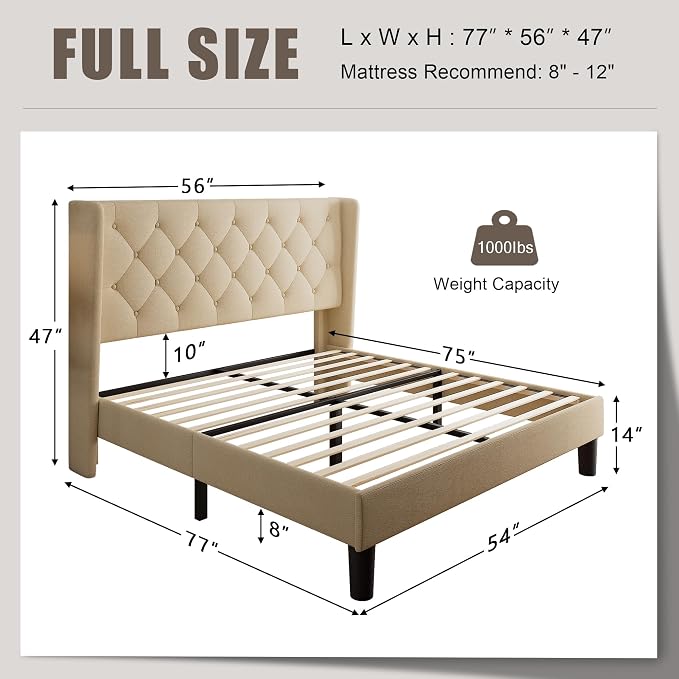 Einhomn Full Size Platform Bed Frame with Fabric Upholstered Wingback Headboard, 10" Under Bed Space, Wooden & Metal Slats Support, No Box Spring Needed, Beige