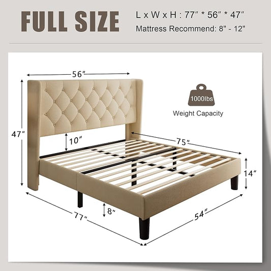 Einhomn Full Size Platform Bed Frame with Fabric Upholstered Wingback Headboard, 10" Under Bed Space, Wooden & Metal Slats Support, No Box Spring Needed, Beige