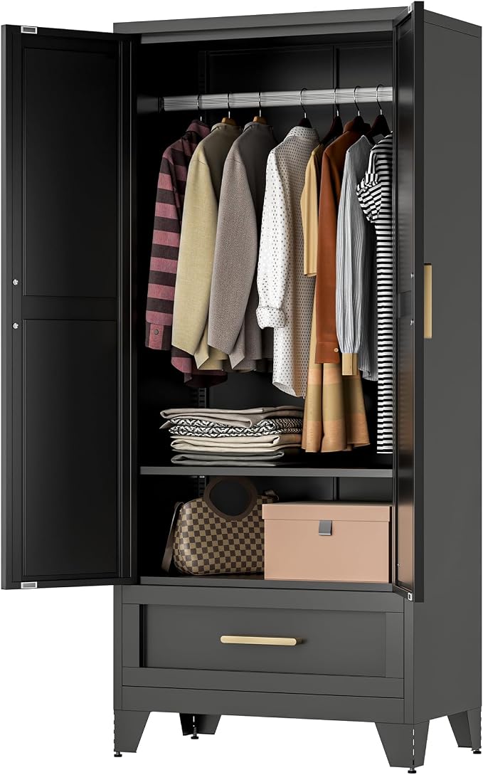 QINPTWUT 71" Tall Metal Wardrobe with Doors, Hanging Rod & Adjustable Shelf, Freestanding Steel Armoire for Bedroom Home Office, 1-Drawer Black