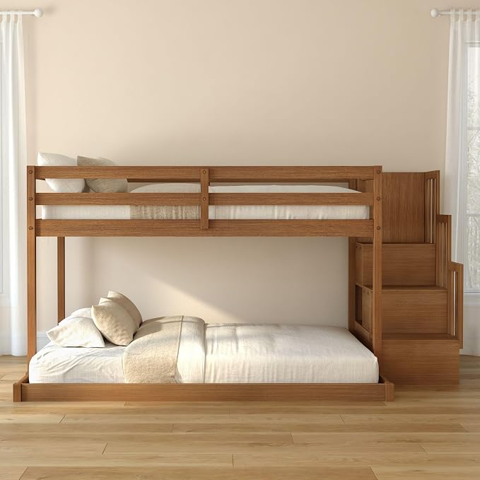 Grain & Grove Bear Twin Over Full Low Bunk Bed with Staircase, Solid Guardrails, Reversible Stairs, Engineered Wood, Oak Embossed Pecan