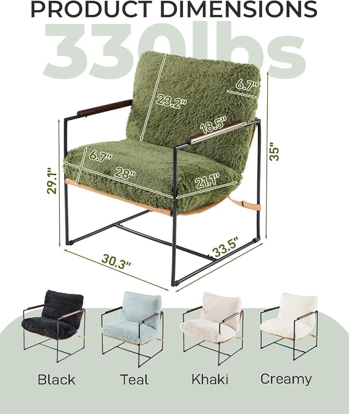 Karl home Modern Metal Frame Accent Chair, Green | Plush Fleece Upholstered, Wood Padded Armrest, 28" Seat Width, Comfy Lounge Armchair for Living Room, Bedroom, Apartment