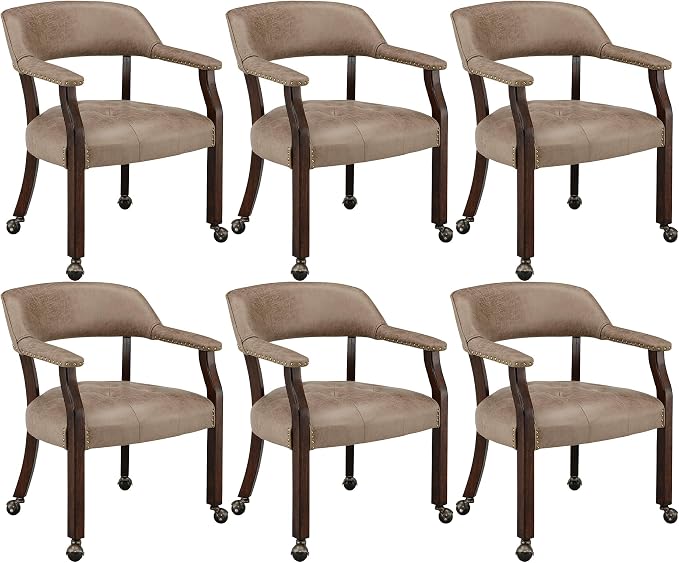 LEEMTORIG Set of 6 Dining Chairs with Casters and Arms, Rolling Dining Chairs with Wheels for Elderly, Ergonomic Wide Seat Wood Office Chair, 26" Dx25.2 W, Espresso Legs&Yellow Brown Fabric SY-318-LT