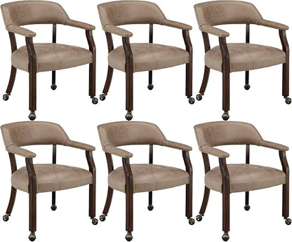 LEEMTORIG Set of 6 Dining Chairs with Casters and Arms, Rolling Dining Chairs with Wheels for Elderly, Ergonomic Wide Seat Wood Office Chair, 26" Dx25.2 W, Espresso Legs&Yellow Brown Fabric SY-318-LT