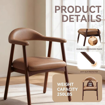 MALOL Leather Dining Chair with Armrest Set of 4, Upholstered Dining Room Chair with Curved Back and Wood Legs, Mid Century Modern Kitchen Chairs for Kitchen Dining Room,Brown