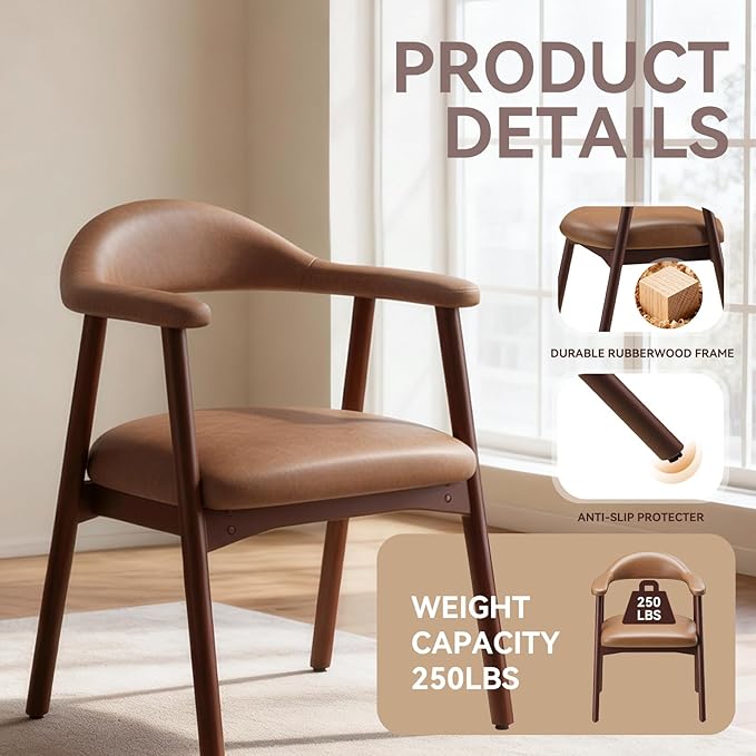 MALOL Leather Dining Chair with Armrest Set of 6, Upholstered Dining Room Chair with Curved Back and Wood Legs, Mid Century Modern Kitchen Chairs for Kitchen Dining Room