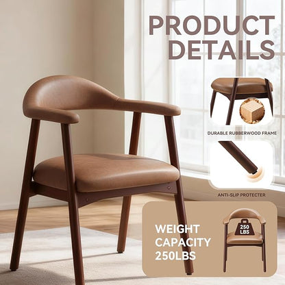 MALOL Leather Dining Chair with Armrest Set of 6, Upholstered Dining Room Chair with Curved Back and Wood Legs, Mid Century Modern Kitchen Chairs for Kitchen Dining Room