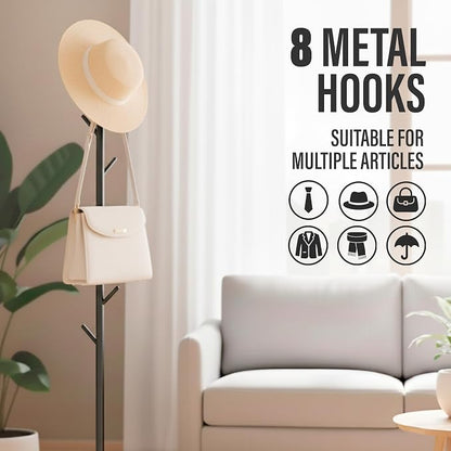 Coat Rack with Real Marble Base, Freestanding Metal Clothing Rack with 8 Hooks, Modern Hall Tree for Entryway, Bedroom & Office, Space Saving Coat Hanger Stand for Small Spaces (Black)