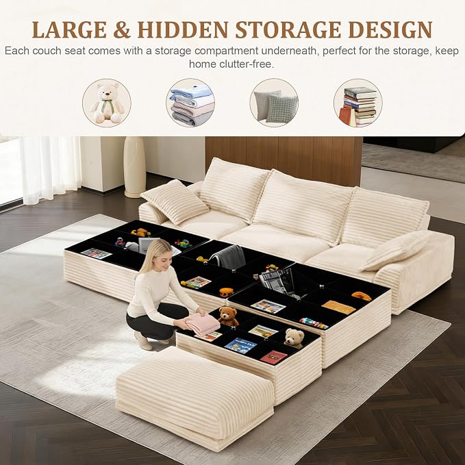 Upgrade Boneless Couch with Storage, Extra Deep&High Seat Modular Sectional Sofa 3 Seater L Shaped Cloud Couch with Ottoman, Tool-Free Assembly Sectional Couches for Living Room, Beige
