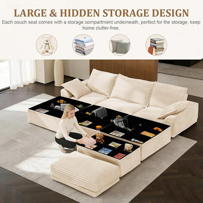 Upgrade Boneless Couch with Storage, Extra Deep&High Seat Modular Sectional Sofa 3 Seater L Shaped Cloud Couch with Ottoman, Tool-Free Assembly Sectional Couches for Living Room, Beige