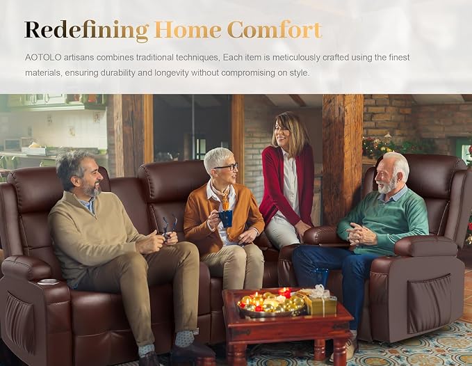 Reclining Loveseat, Massage Loveseat Recliner Sofa Heavy Weight Capacity, RV Love Seat Chair Clearance with Console, USB, Type C Port, Storage, Cup Holders, Wall Hugger Couch (Brown, 2+1)