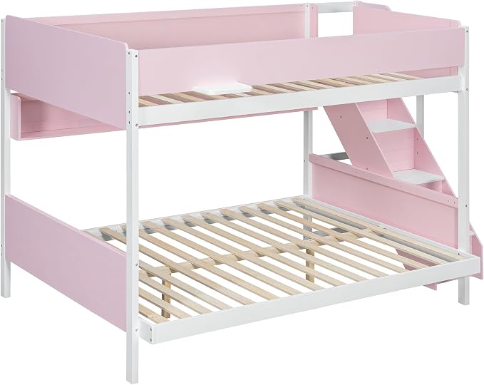 Wood Bunk Bed Full XL Over Queen with Staircase and Side Shelves | Light Strip Included, Striped-Design Stairs, Kids Teens Adults, Space-Saving Design, Versatile Bed Frame
