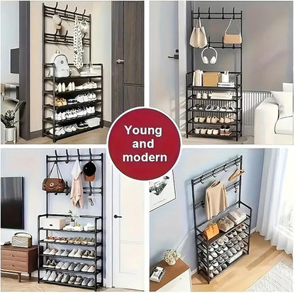 ikaufen 5-Tier Entryway Coat Rack Shoe Shelf, 2-in-1 Hall Tree with 8 Hooks, Thickened Plastic Storage Organizer for Shoes, Bags, Hats (Black/White) (Black)
