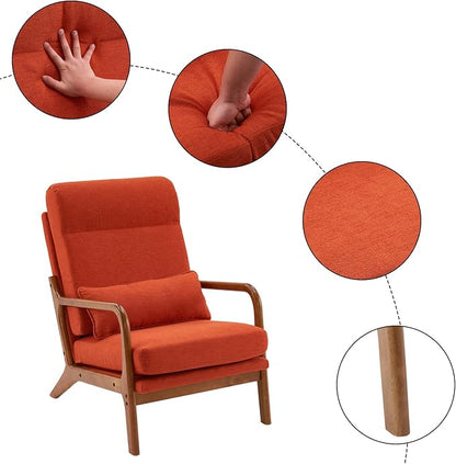 Karl home Accent Chair High Back Mid-Century Modern, Burnt Orange | Linen Fabric Upholstered, Walnut Color Solid Rubber Wood Frame, Soft Cushion with Pillow, For Living Room, Bedroom, Balcony