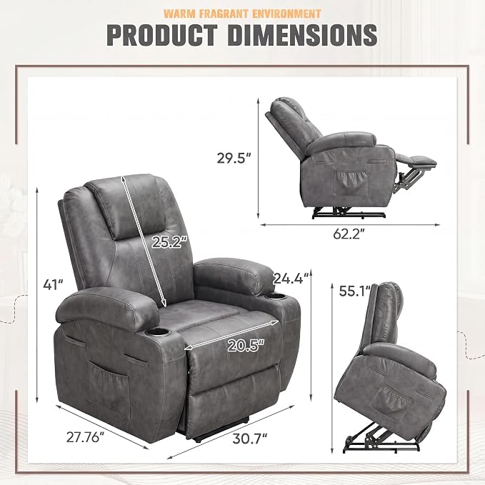 Flamaker Power Lift Recliner Chair Electric Lift Recliner for Elderly Power Lift Recliner Chair with Cup Holders Side Pockets for Living Room (Leathaire, Light Gray)