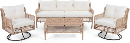 4-Piece Outdoor Wicker Sectional Sofa Set, All Weather Patio Conversation Set with 3-seater Sofa, 2 Swivel Chairs and Coffee Table, Cushions, Suitable for Poolside Backyard Deck (Beige-Swivel)