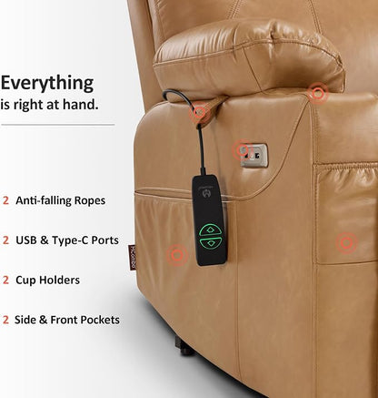 MCombo Power Lift Recliner Chair for Elderly 7516(Tawny, Large) | Heat and Massage, Breathable Faux Leather, USB& Type C Charging Port, FSC Certified