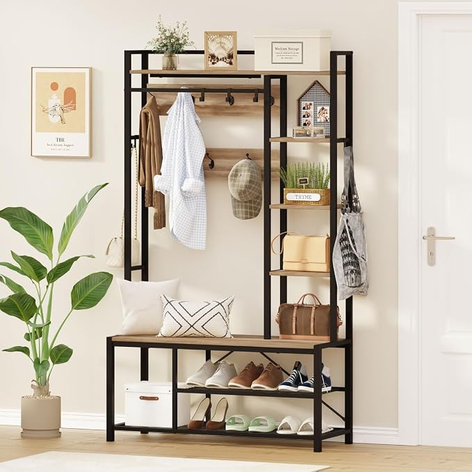 BON AUGURE Farmhouse Hall Tree for Entryway, Mudroom Bench with Shoe Storage, Large Coat Rack Shoe Bench with 5 Tier Open Shelves, Adjustable Side Hooks and Hanging Rod for Foyer (Vintage Oak)