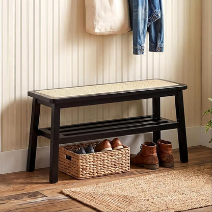 ROCITY Black Rattan Entryway Bench Wood Bench with Shoe Rack 30 Inch Small Bench Seat Storage Indoor Wooden Dining Bench Farmhouse Vintage Rustic Accent Bench for Porch/Dining Room/Living Room