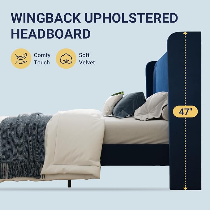 Allewie Full Size Velvet Platform Bed Frame with Vertical Tufted Wingback Headboard, Easy Assembly, Under Bed Storage, No Box Spring Required, Modern Style, Blue
