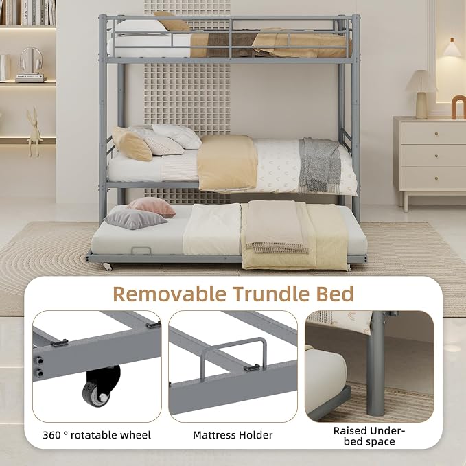 Detachable Bunk Bed Twin over Twin with Trundle, Heavy Duty Triple Bunk Bed Frame for Kids, Teens, Adults, Space Saving 3 Beds with Safety Guardrails & Ladde for Bedroom, Dorm, Noise-Free, Silver