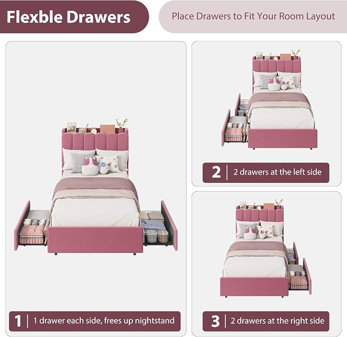 Garvee LED Twin XL Bed Frame with Storage Headboard, Kids Bed Frame with 2 Drawers, Boucle Upholstered Platform Bed for Girls, Chic Wavy Headboard with Bookcase, No Box Spring Needed, Dark Pink