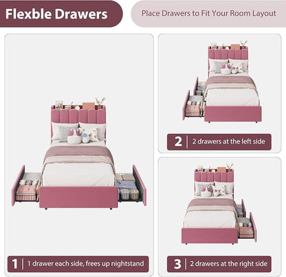 Garvee LED Twin XL Bed Frame with Storage Headboard, Kids Bed Frame with 2 Drawers, Boucle Upholstered Platform Bed for Girls, Chic Wavy Headboard with Bookcase, No Box Spring Needed, Dark Pink