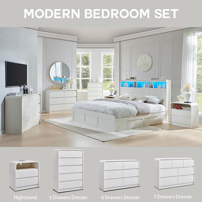 Aitjunz Modern 7 Drawers Dresser for Bedroom, 47" Wide Wood Dressers & Chests of Drawers w/Curved Profile Design, Mid Century Modern Dresser w/Natural Texture for Bedroom, Living Room,Antique White