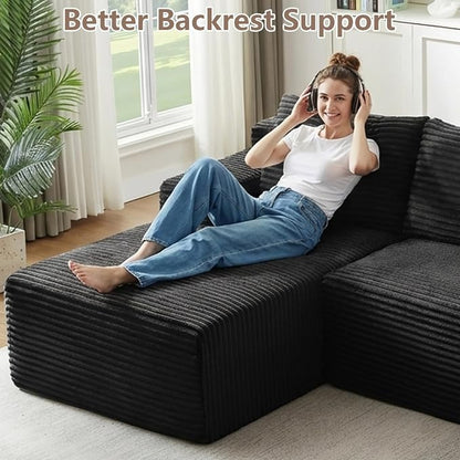 96" Cloud Sectional Couch with L-Shape Chaise, Modular Comfy Sofa Chaise Longue, Upholstered Corduroy Couches Sleeper with Deep Seat for Living Room Bedroom, No Assembly Required(Black, Left Facing)